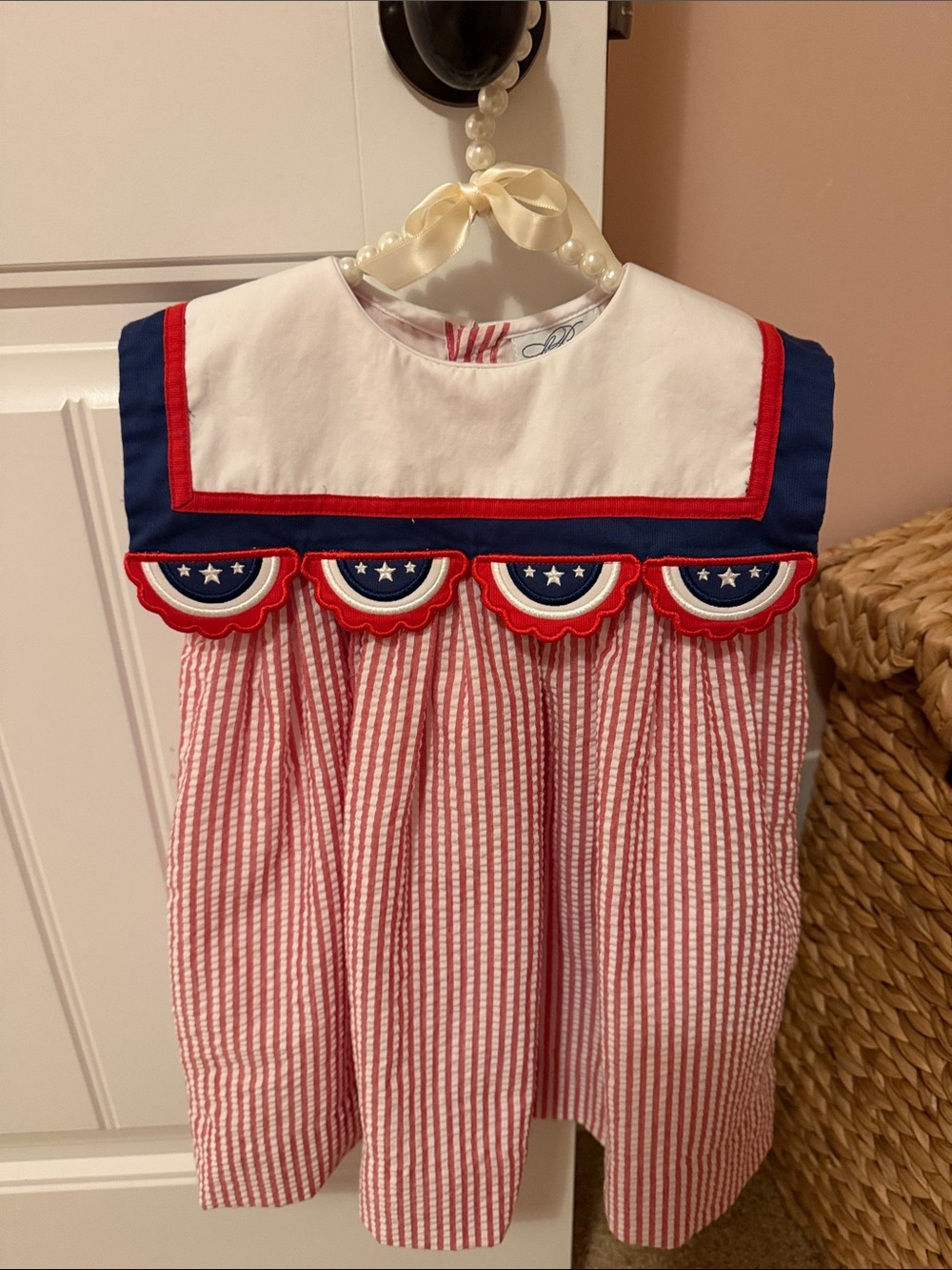Girls' Red & White Seersucker Sailor Dress with Navy Trim